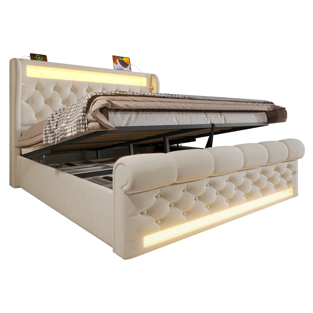 Upholstered Double Bed with LED, USB, Type-C and Hydraulic Storage, 140x190cm, Beige Velvet
