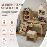 Modern Dressing Table with Retractable Mirror & Stool, Natural Wood