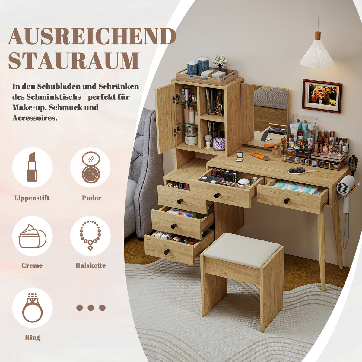Modern Dressing Table with Retractable Mirror & Stool, Natural Wood