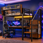 Loft Bed 90x200 with LED Light & Storage Ladder, Black Metal