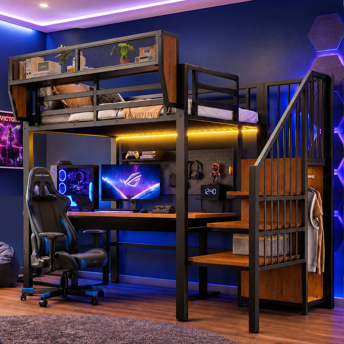 Loft Bed 90x200 with LED Light & Storage Ladder, Black Metal