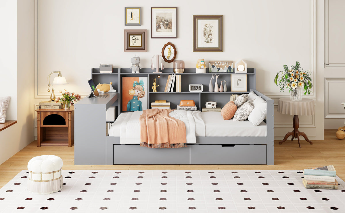 Sofa Bed, Multifunctional with Desk, Bookshelf, Storage & Power Outlet, Solid Wood, Grey