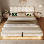 Upholstered Bed 140x190cm, Hydraulic Storage & LED, Beige Chenille