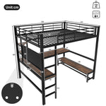 Loft Bed with Desk, USB Sockets, LED Strip and Pegboard, Black Metal Frame