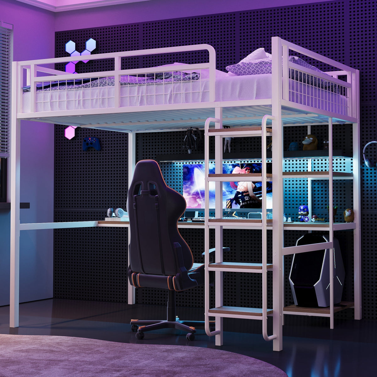 Metal Loft Bed 140*200 cm with Ladder, Table & Shelf, White
