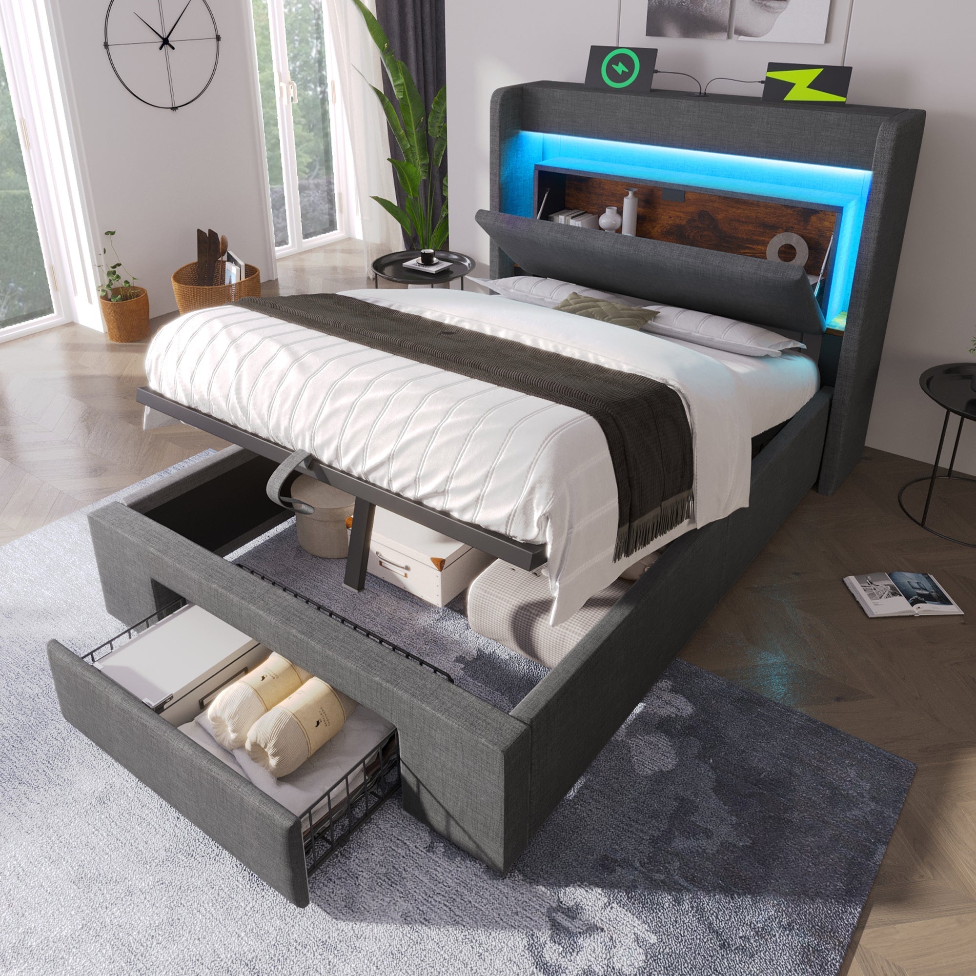 Upholstered Bed 90x200cm Hydraulic Storage Headboard with USB/Type-C & LED Grey Linen