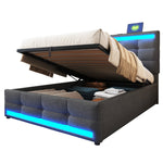 Upholstered Bed 90x200 Hydraulic Storage USB LED Light Strip, Grey Linen Single Bed
