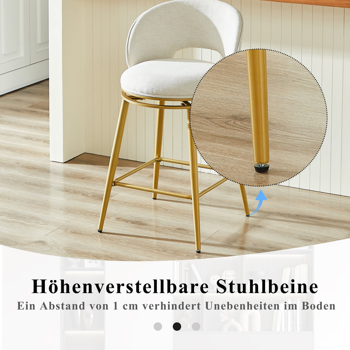 Chenille Swivel Bar Stools, Set of 2 with 360° Rotation and Cut-Out Backrest, Gold and White