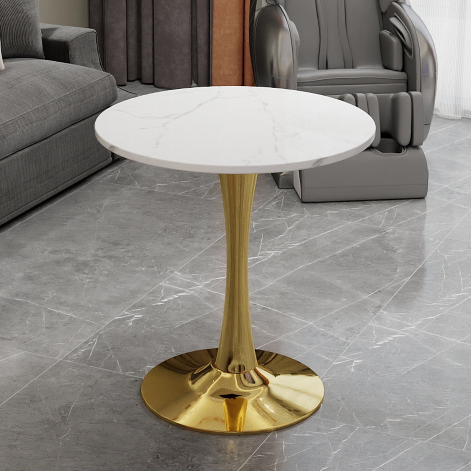 Coffee Table Round Marble Top Mid-Century Modern Style 27.6-inch Golden