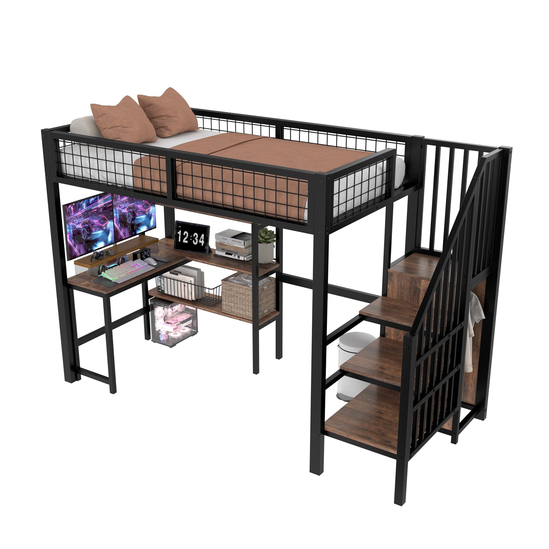 Loft Bed 90*200cm with Desk, Wardrobe and Storage Shelves, Black Iron and MDF