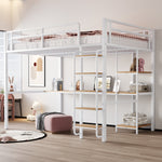 Metal Loft Bed 140*200 cm with Ladder, Table & Shelf, White