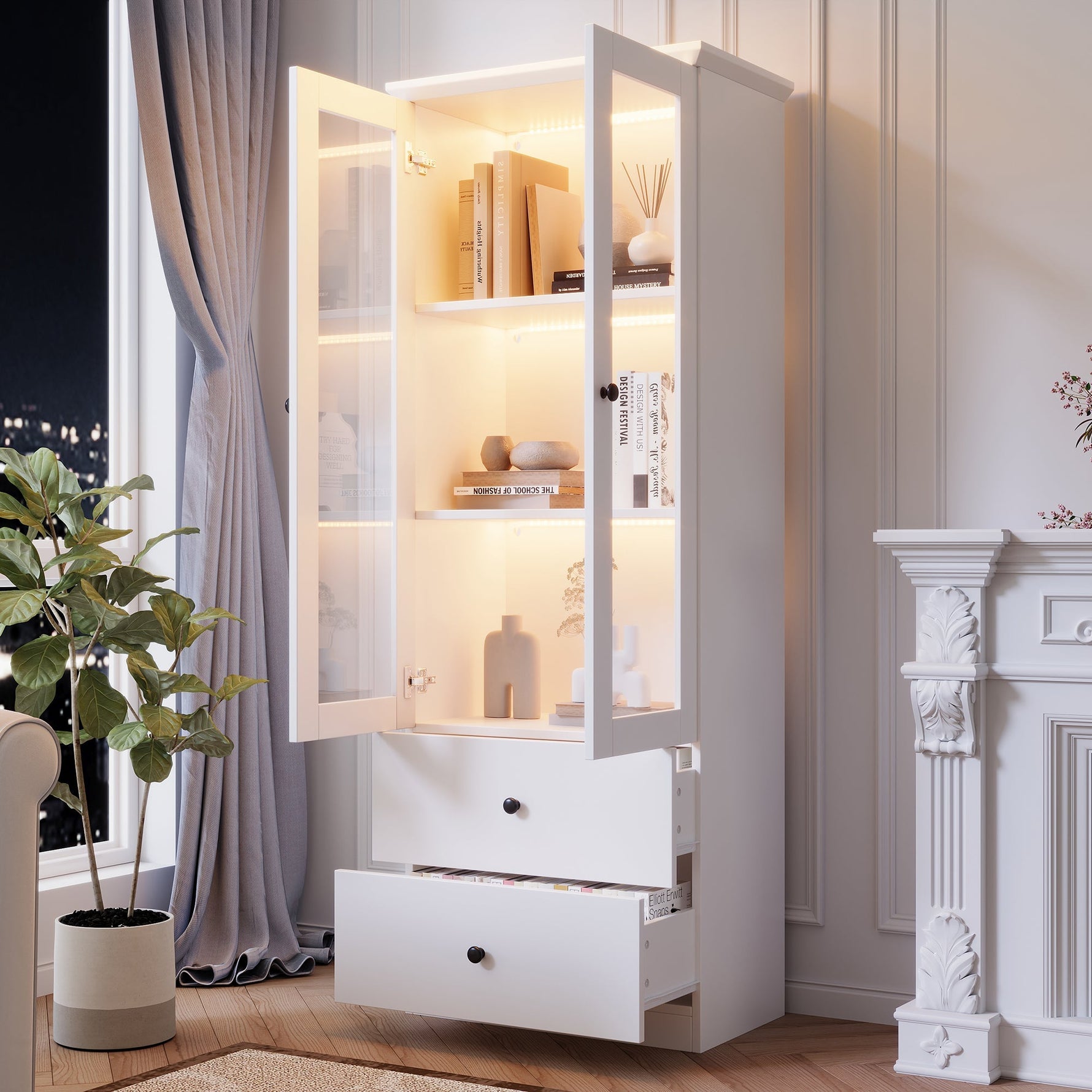 Modern LED Display Cabinet, 165cm, USB Port, 2 Drawers, Hinged Doors, Matte White MDF