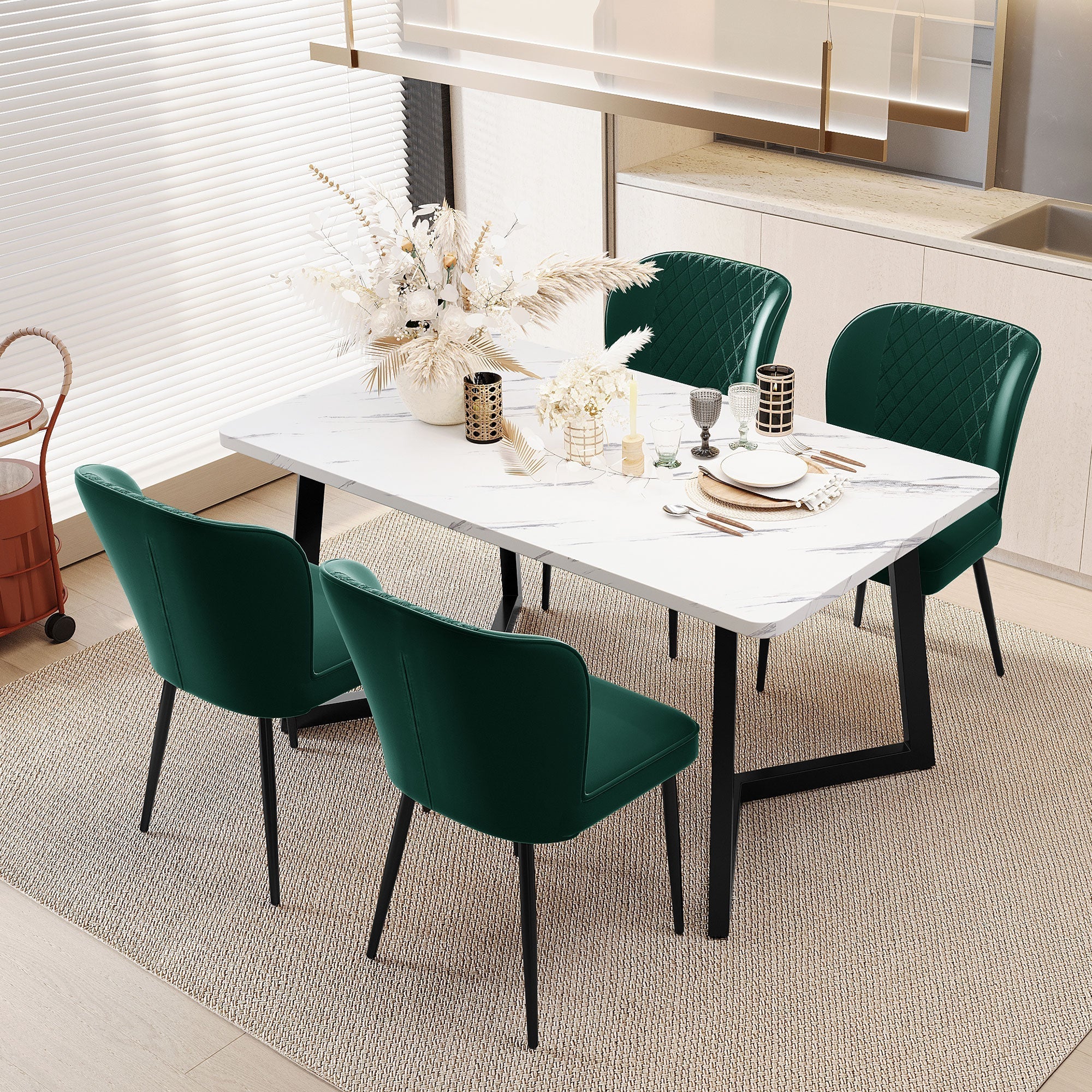 Dining Chair Set of 4 Upholstered Velvet Seat Metal Frame Dark Green
