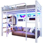 Loft Bed with Storage Compartment, LED Light Strip and Clothes Rail, White Iron Frame