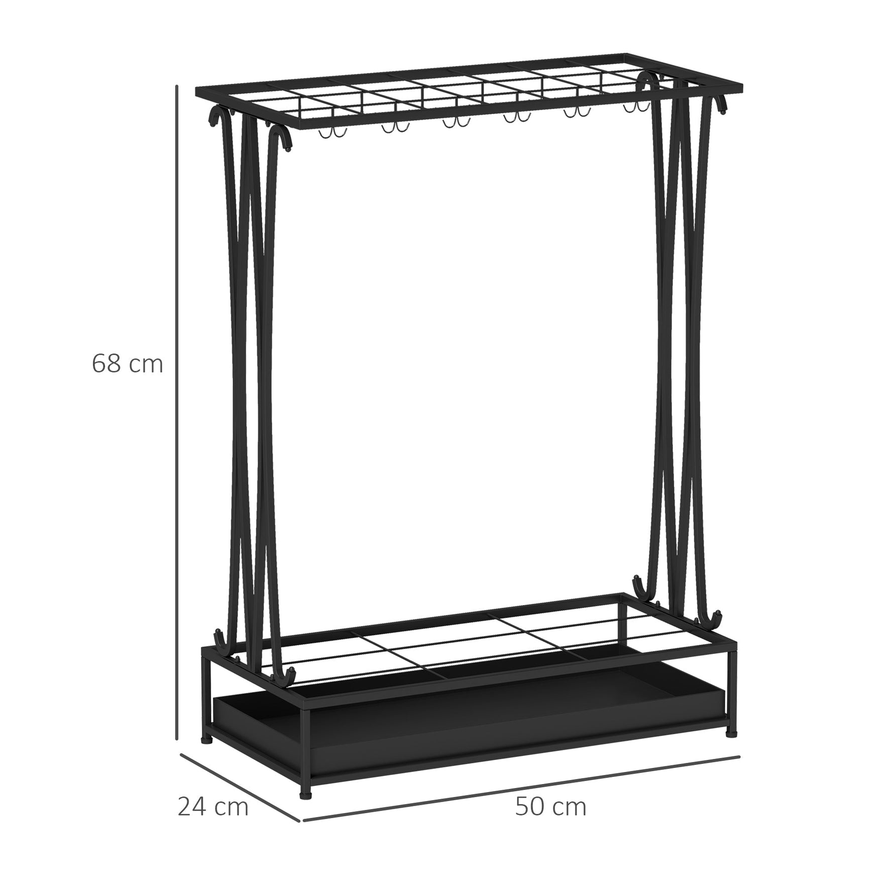 Umbrella Stand, Rectangular Holder with 24 Hooks/Removable Water Tray, Steel Black