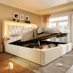 Upholstered Bed with LED Diamond Strip, USB Charging and Hydraulic Storage, Beige Velvet
