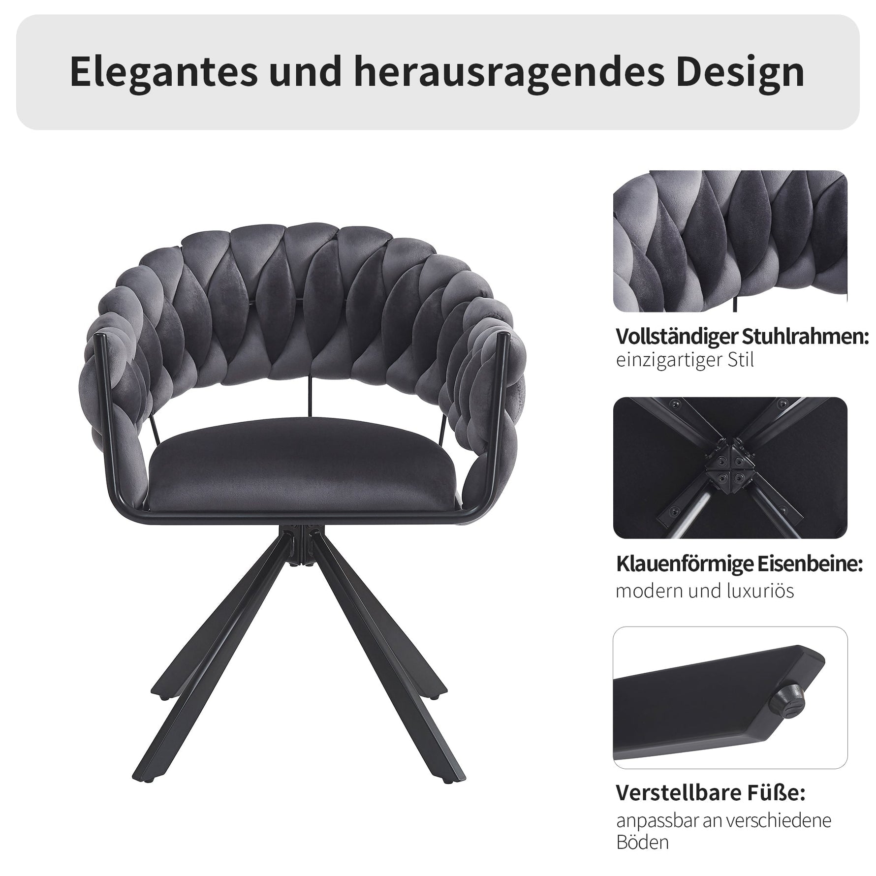 Dining Chair Set of 4, Modern Velvet Ergonomic Vanity Metal Legs, Grey