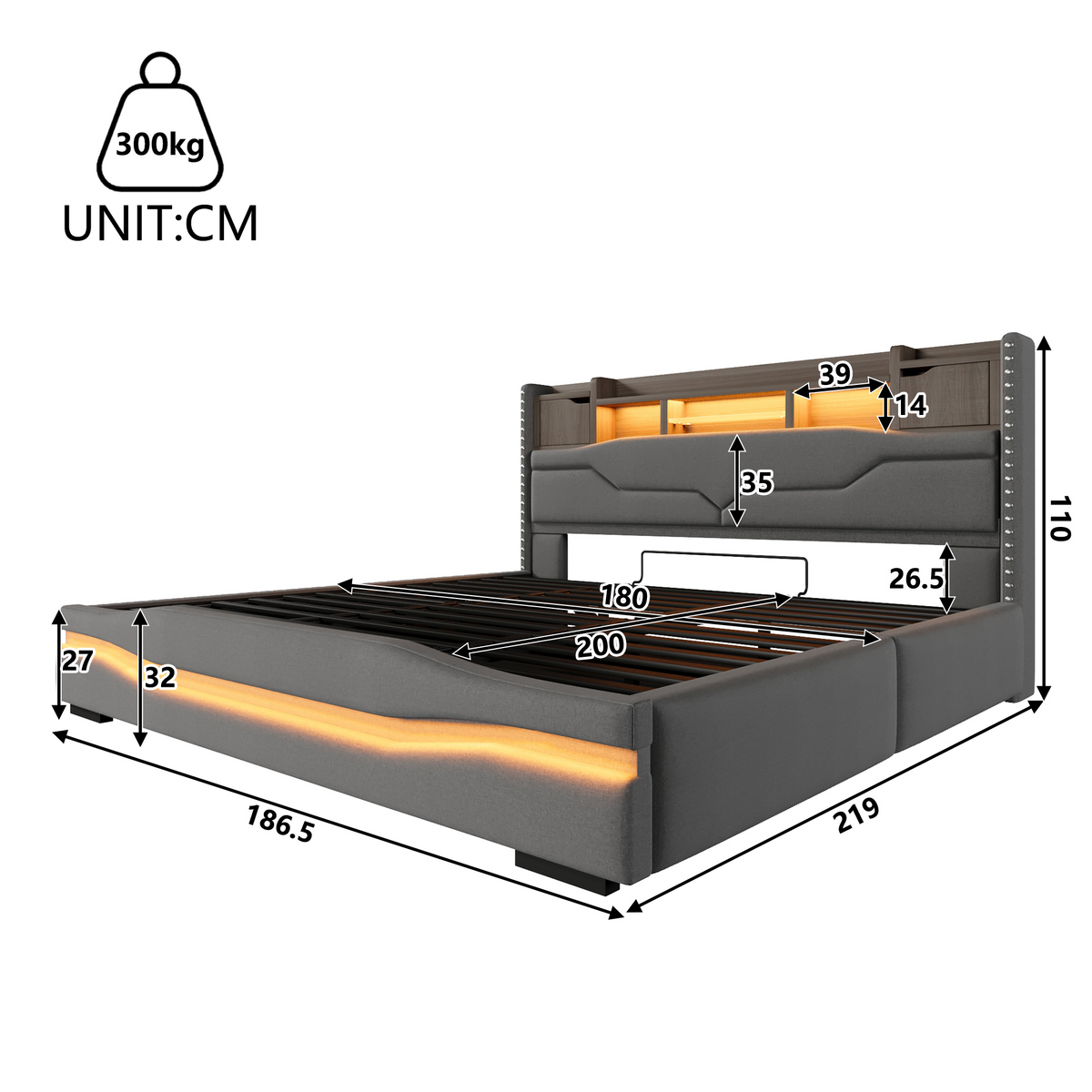 Upholstered Bed 180x200cm with Hydraulic Storage & LED, Grey