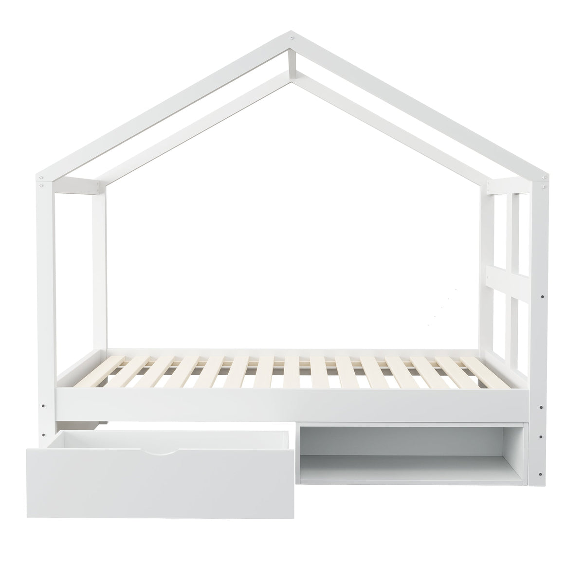 Wooden Bed with Drawers, Shoe Cabinet and LED Lighting, 90x190cm, White Wood