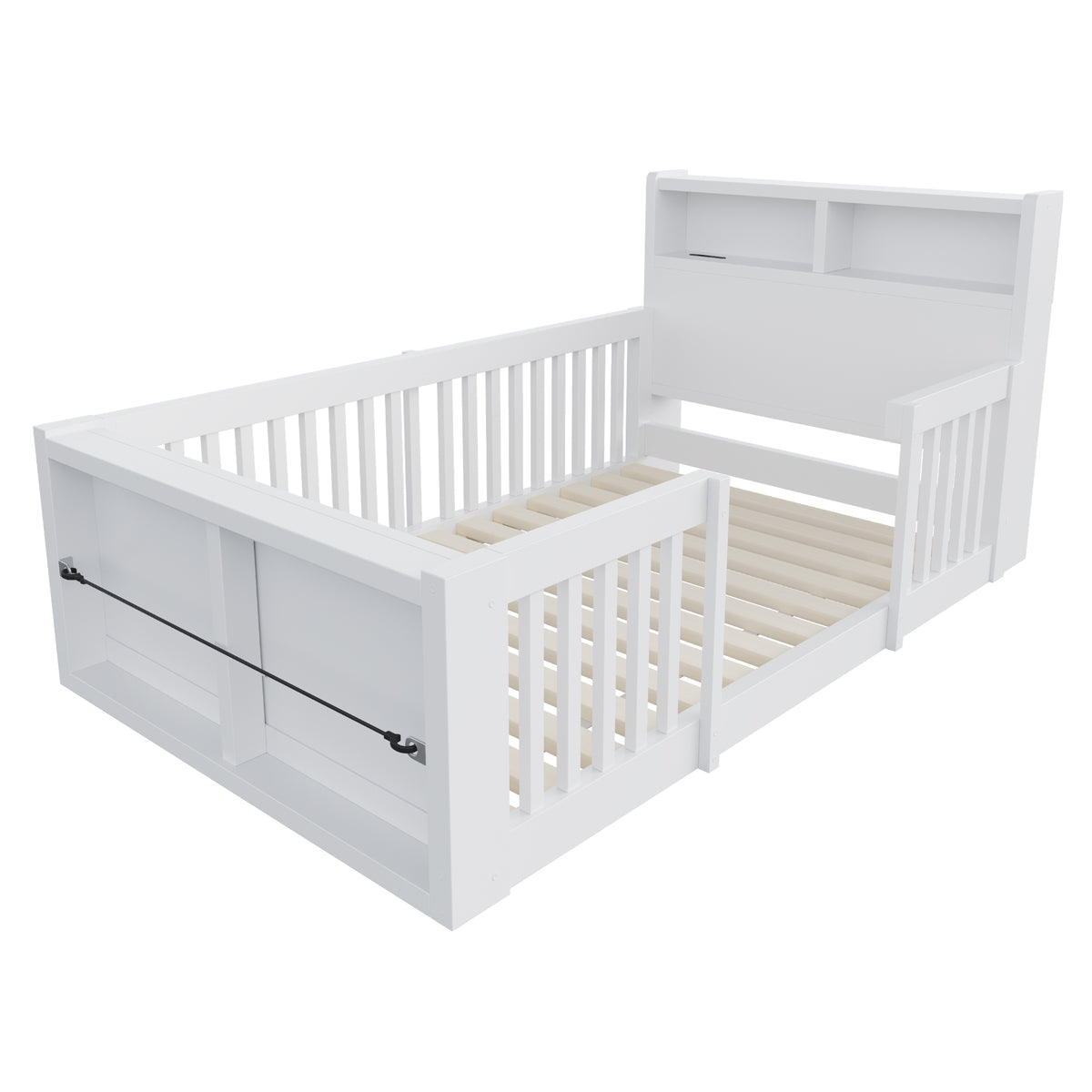 Wooden Single Bed 90x190cm with USB, Light & Storage, White