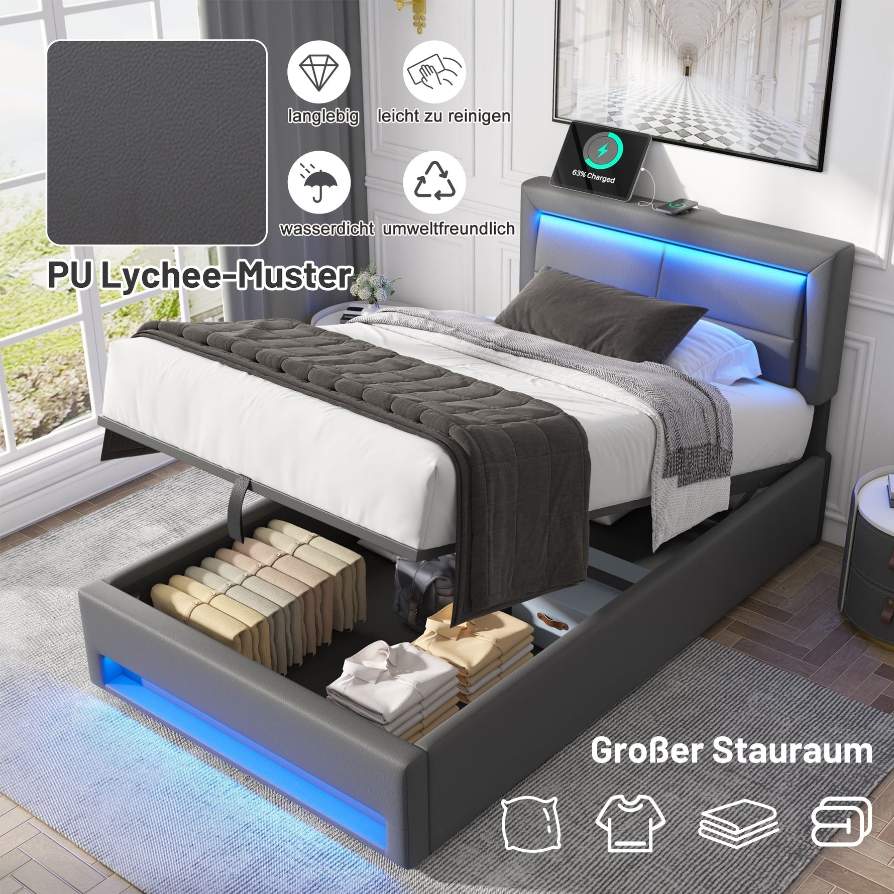 Upholstered Bed 90x200cm LED Storage USB/Wireless Charging - PU Lychee Grey