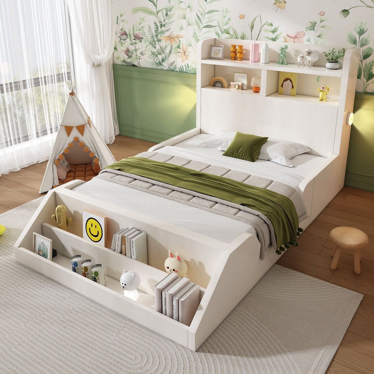 Wooden Single Bed with Shelves, Nightlights and Removable Bookshelf, White