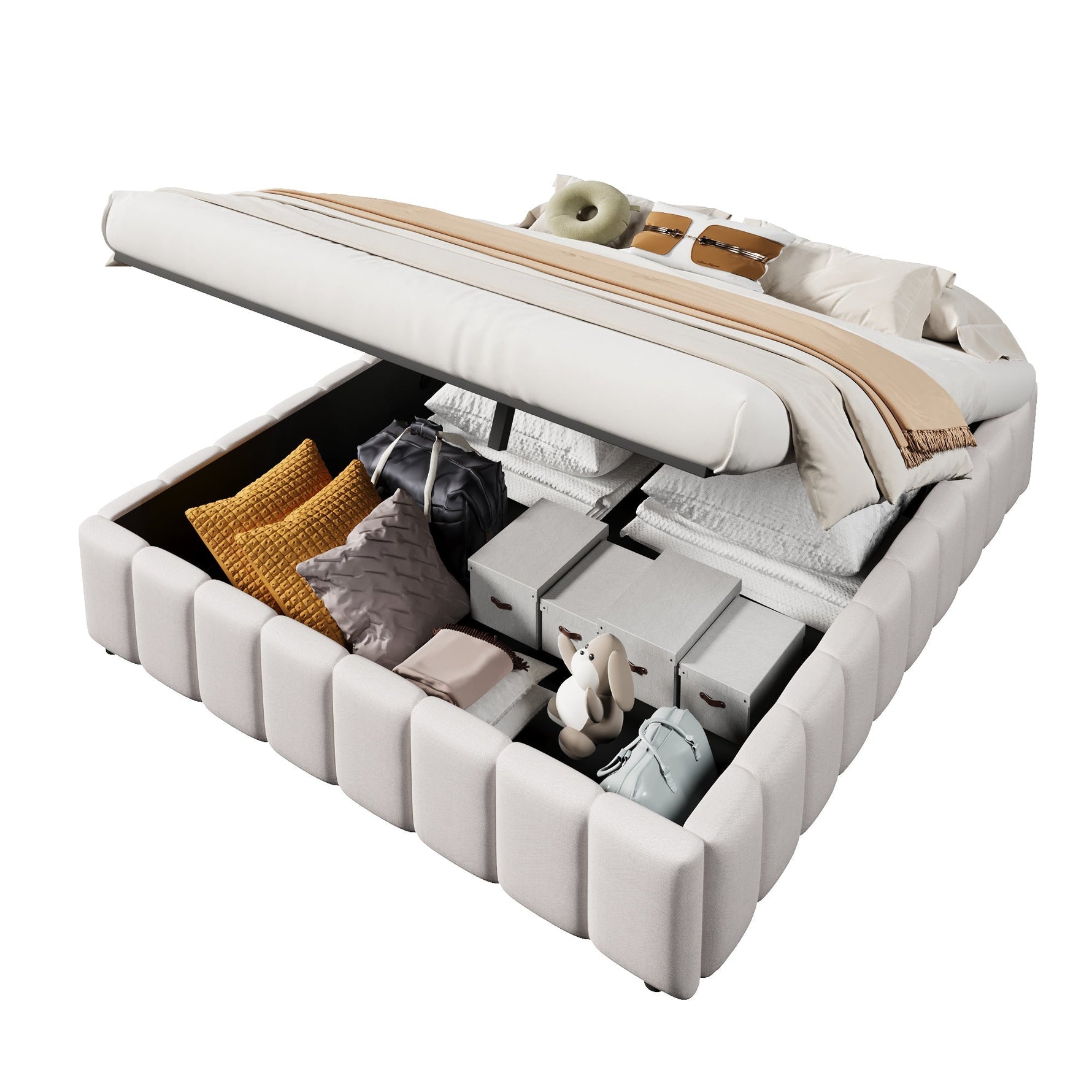 Upholstered Bed with Hydraulic Storage and No Headboard, 140x200cm, Beige