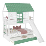 House Bunk Bed, 90X200 with Slide and Pull-Out Bed, White+Green