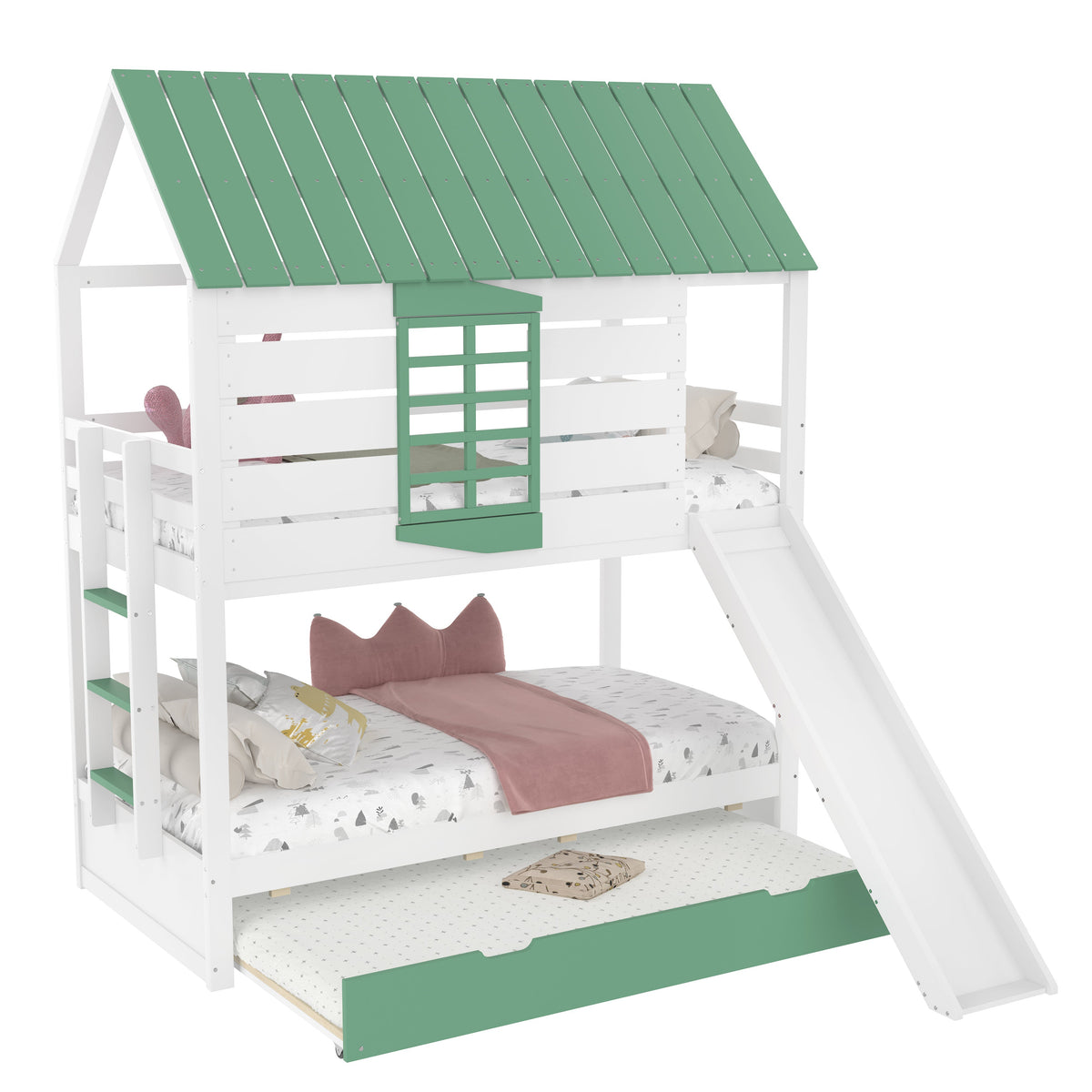 House Bunk Bed, 90X200 with Slide and Pull-Out Bed, White+Green