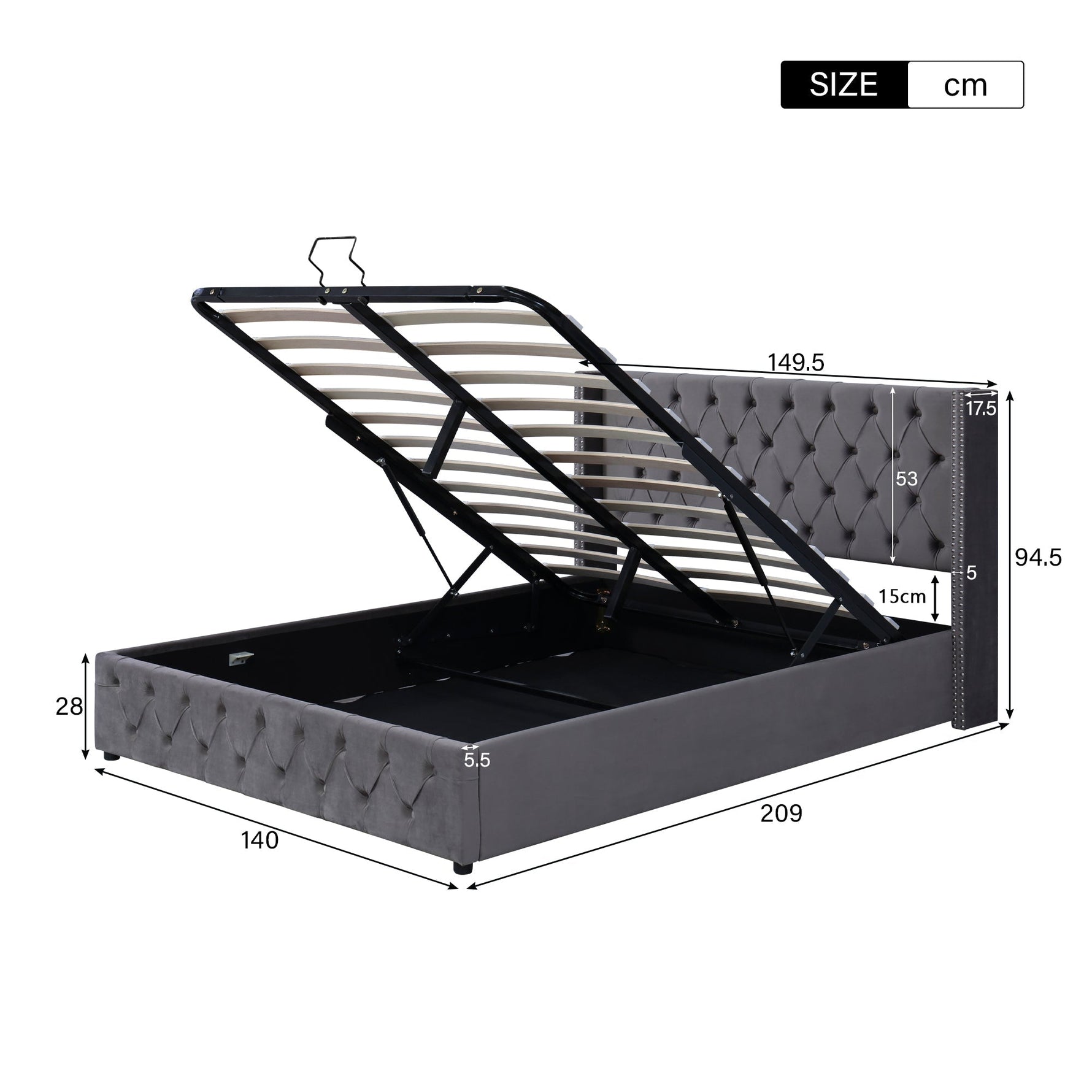 Upholstered Bed with Ear-Shaped Headboard and Hydraulic Storage, 140x200cm, Grey Flannel