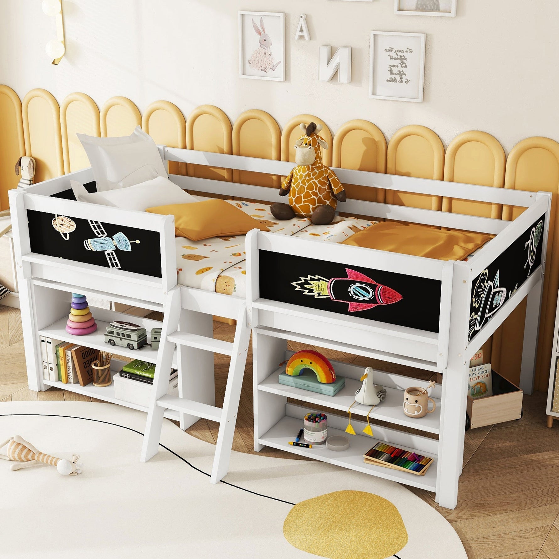 Mid-Sleeper Bed with Storage Shelves and Ladder, 90x200cm, White Pine Wood