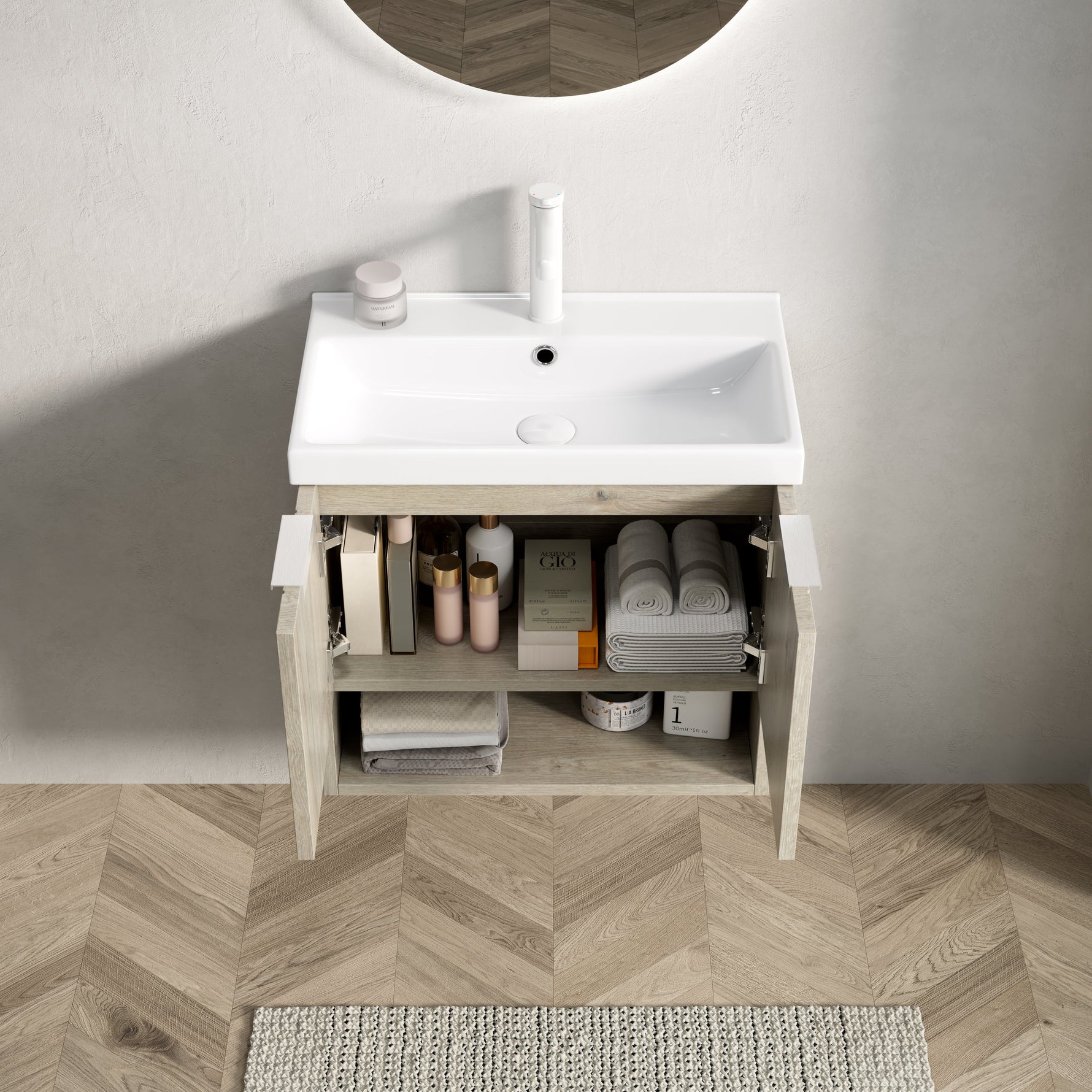 Wall-mounted Bathroom Vanity Unit with Ceramic Sink and Open Shelf, 55cm, Oak Cream