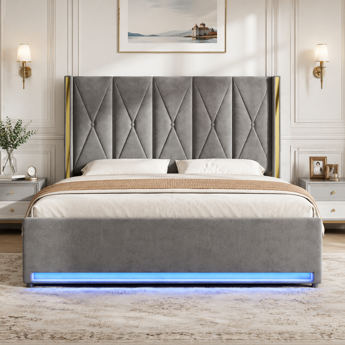 Padded Storage Bed 180x200cm with LED & USB, Velour