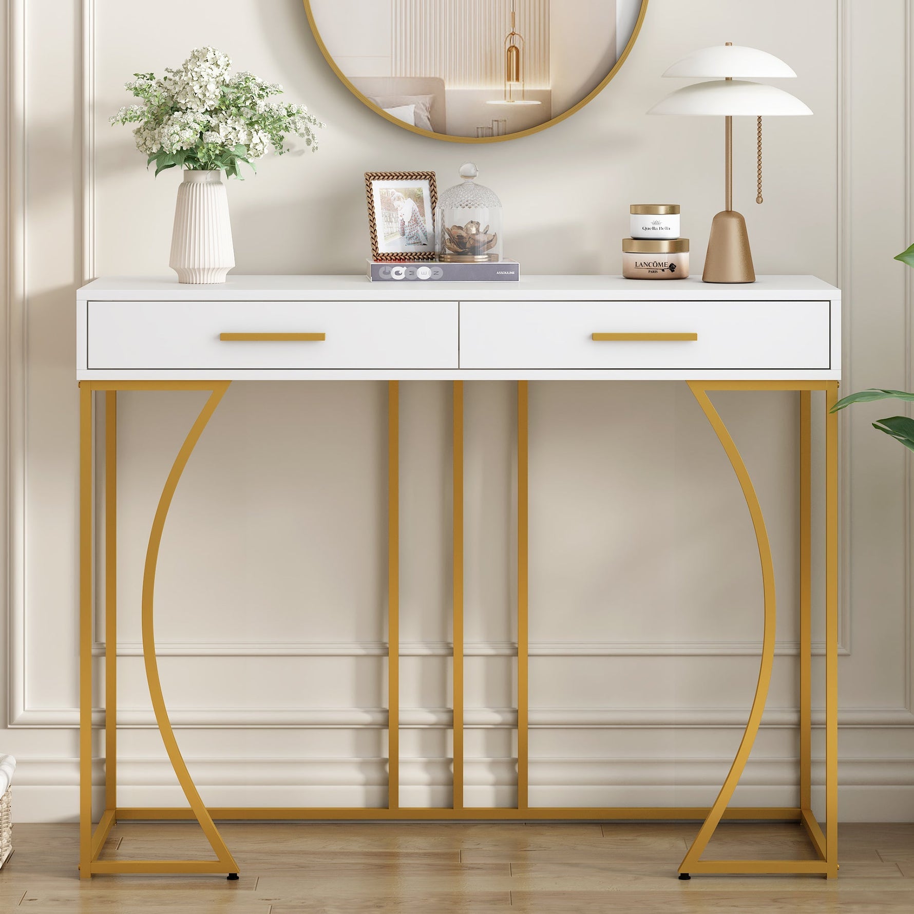 Console Table 2-Drawer Luxury Hallway Side Table 110x32x85 cm White/Gold