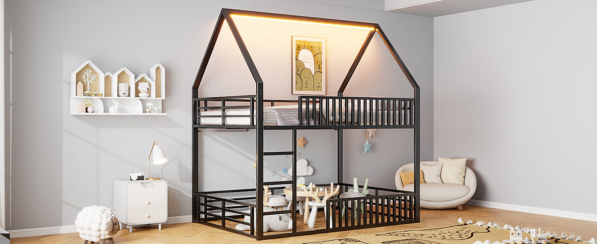House-Shaped Bunk Bed 140x200 with Fence & LED Light, Black