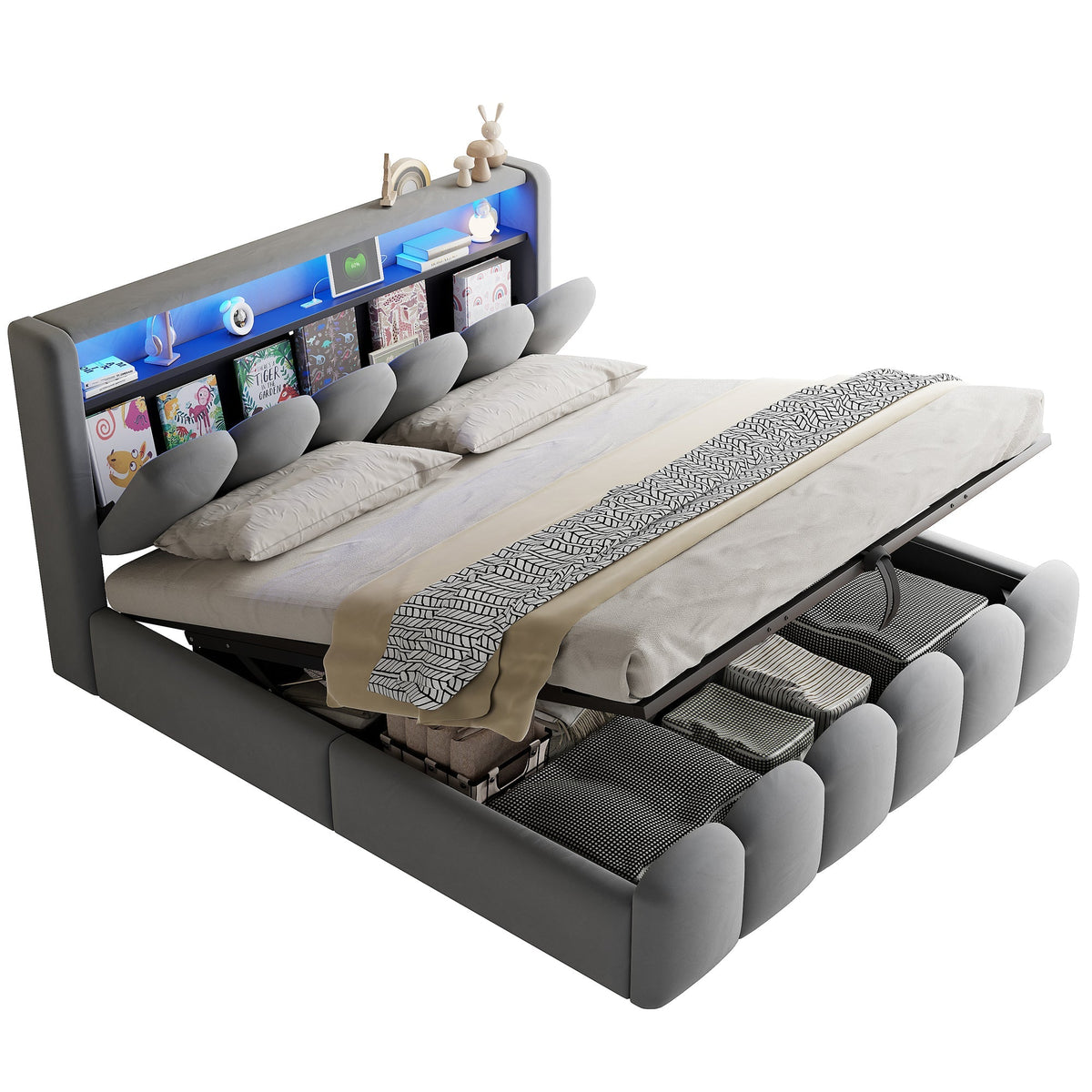 Upholstered Bed 180x200 Hydraulic Storage Headboard USB LED, Velvet Grey