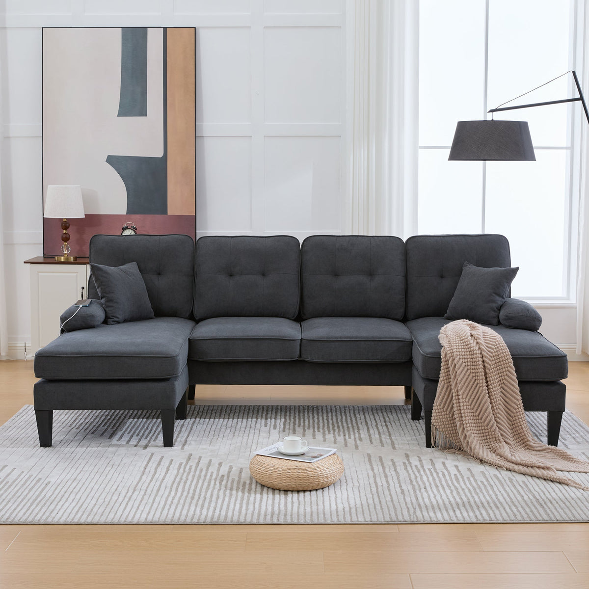 U-shaped Sofa, Large 4-Seater Two Chaise Lounges Modern, Dark Grey Linen Fabric