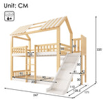 Children's Bunk Bed with Gable Roof, Shelf and 35cm Slide, 90x200cm, White and Natural Wood