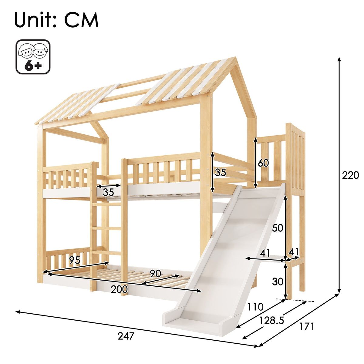 Children's Bunk Bed with Gable Roof, Shelf and 35cm Slide, 90x200cm, White and Natural Wood