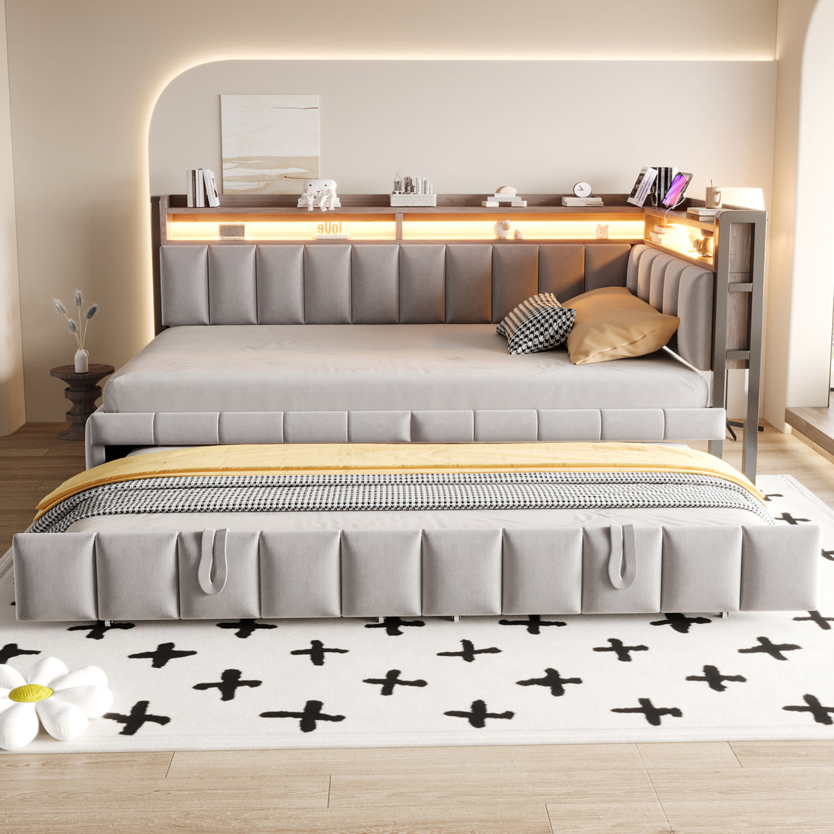 Upholstered Sofa Bed 90x200cm with Pull-Out Bed, Light Grey Velvet