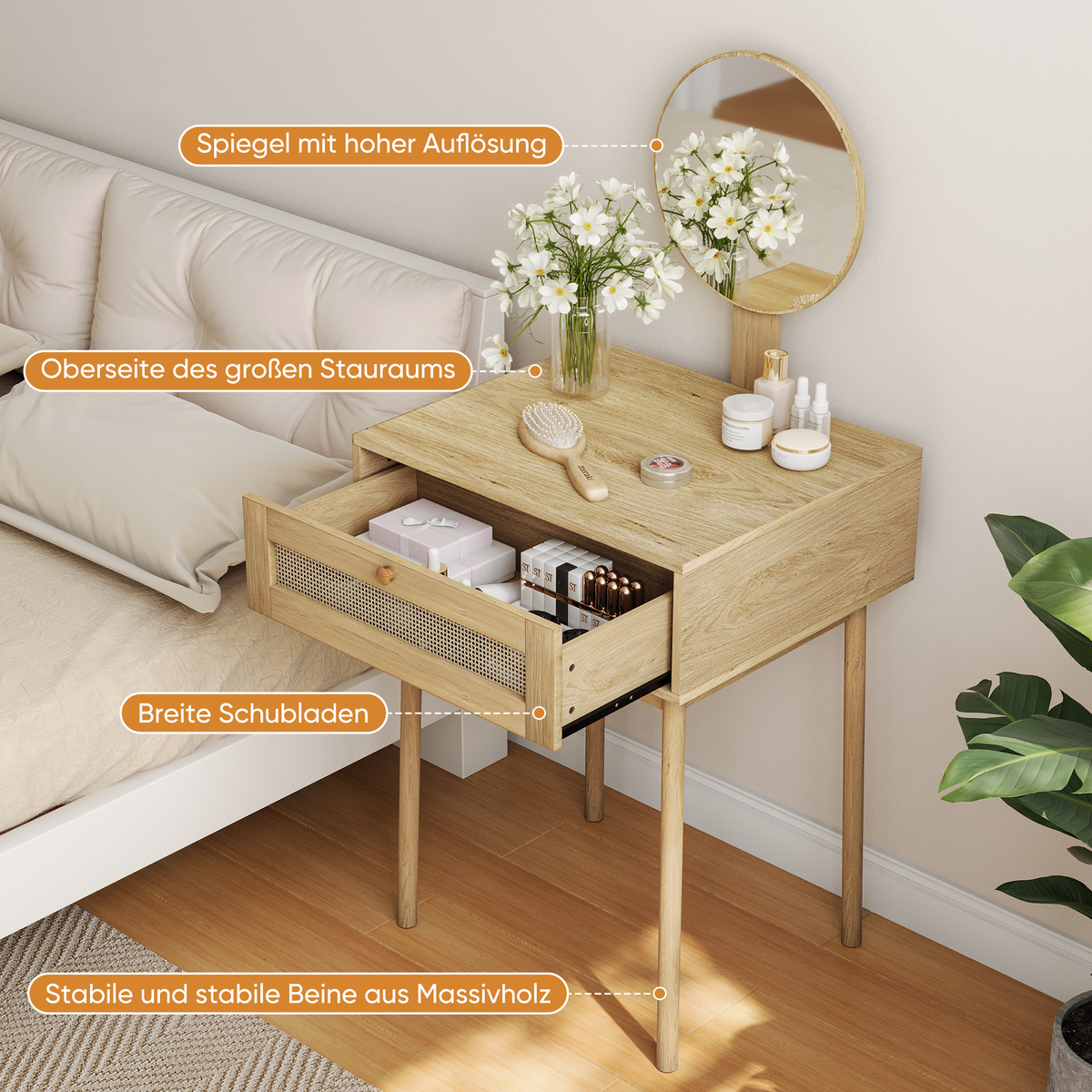 Compact Dressing Table with Mirror for Small Rooms, Rattan