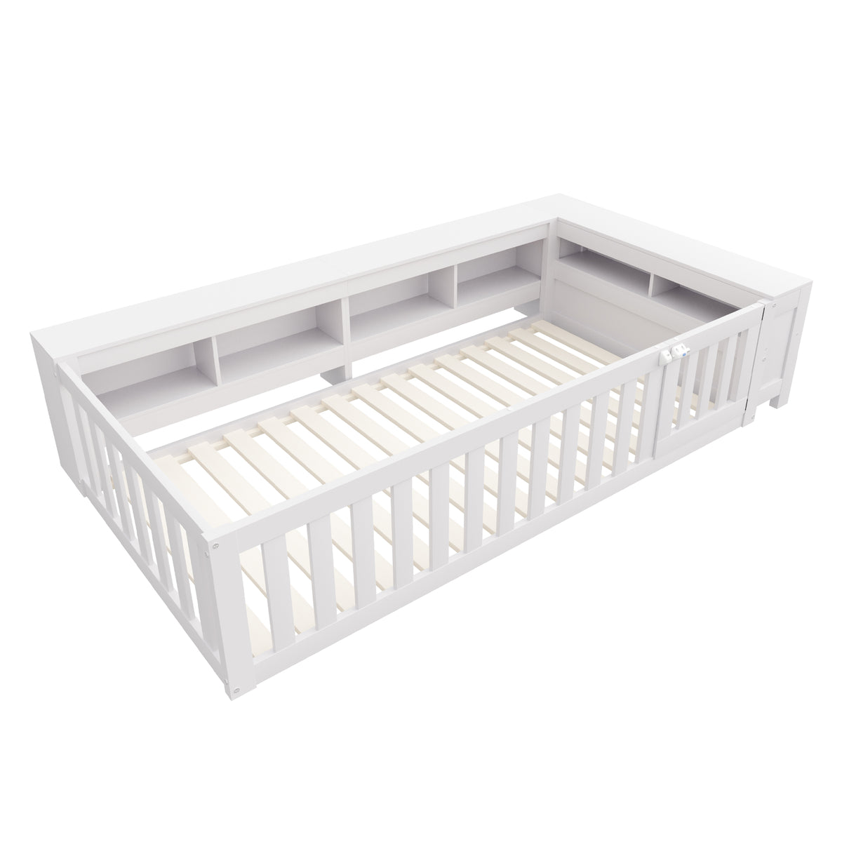 Kids Bed 90x200cm with Storage & Safety Rail, Solid Wood White