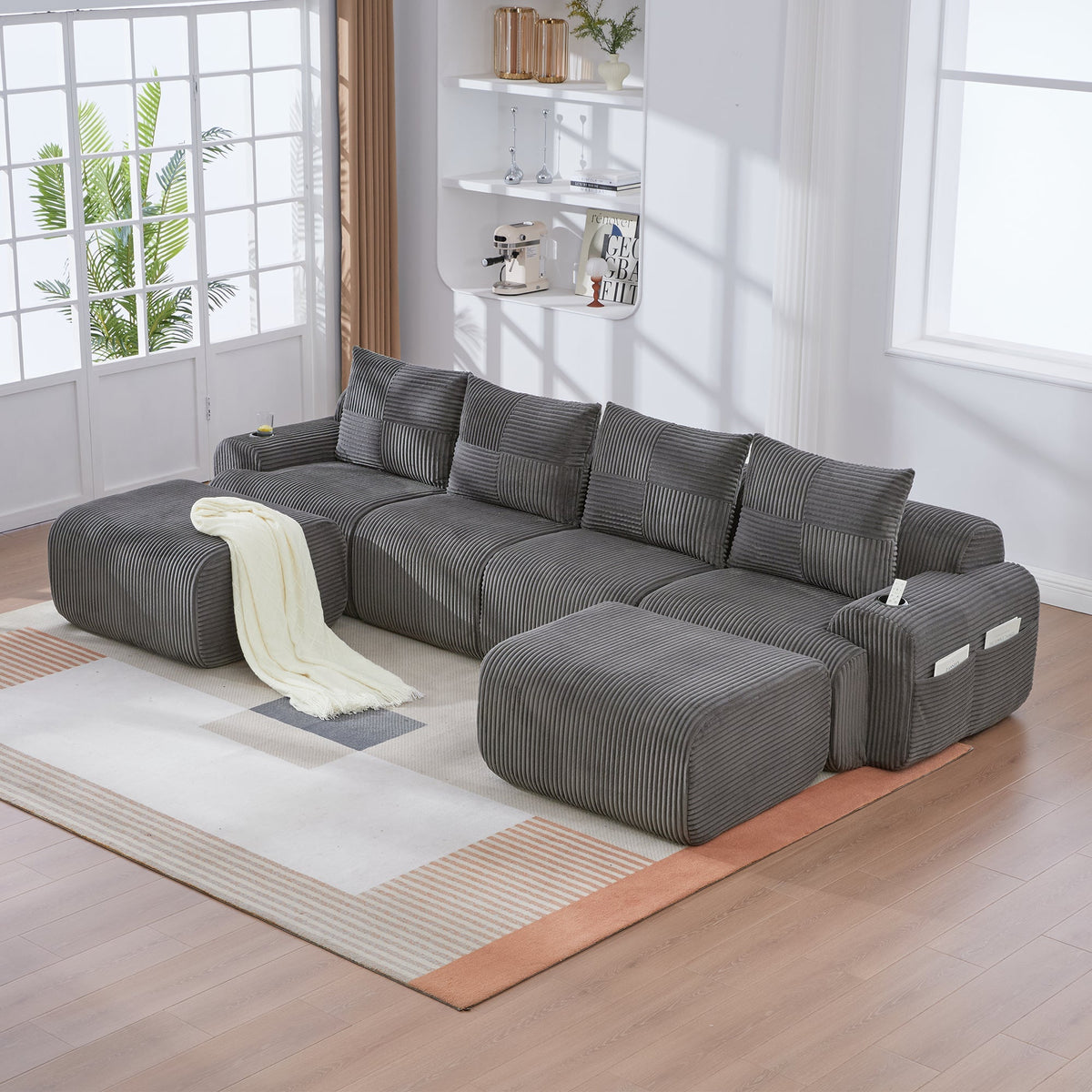 Modular 4-Seater Sofa with 2 Ottomans, Cup Holders and Storage Pocket, Dark Grey Corduroy