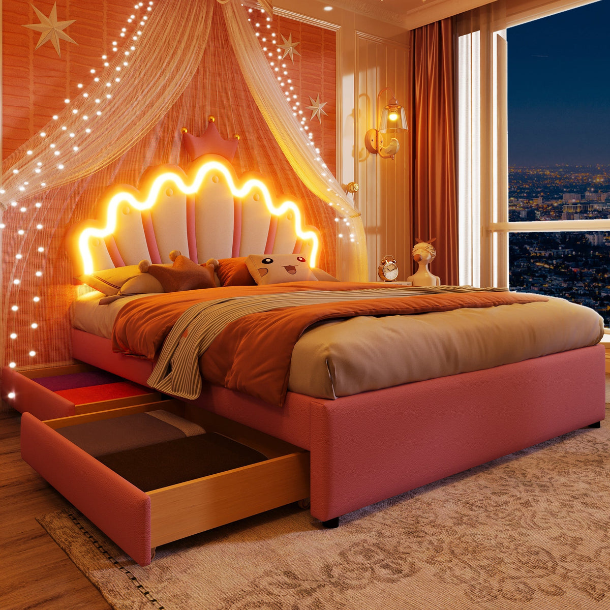 Princess Upholstered Bed 140x200cm Crown Shape LED 2 Drawers - PU Pink
