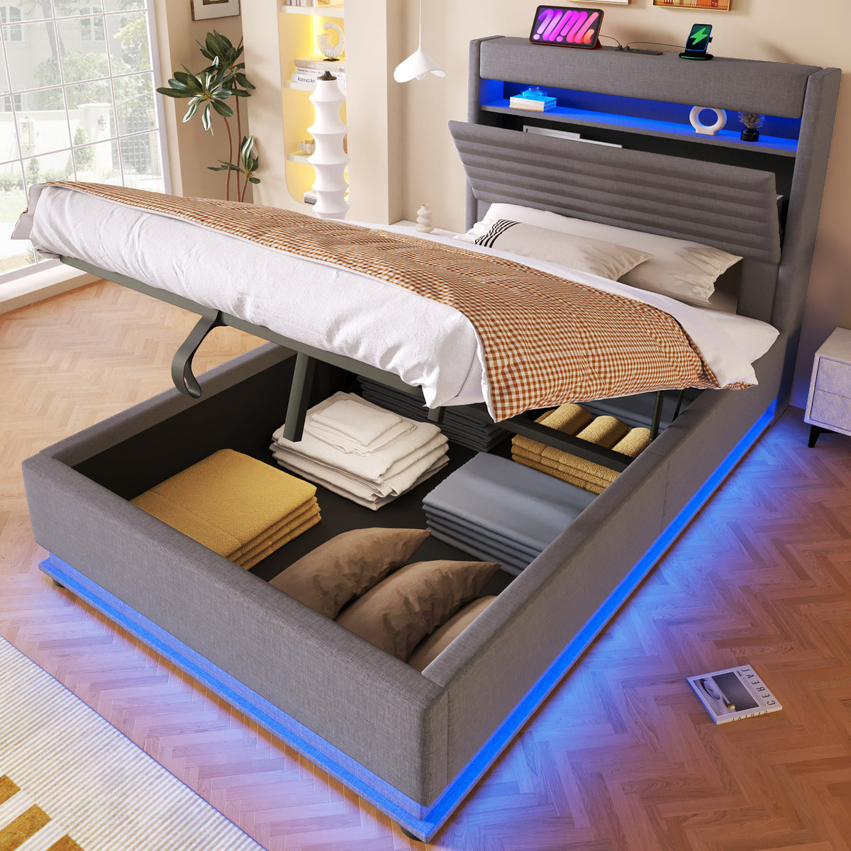 Upholstered Bed 90x200cm with LED & Storage, Grey Linen