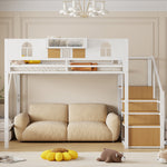 Metal Loft Bed 140x200cm with Storage Ladder & Desk, White Metal Frame