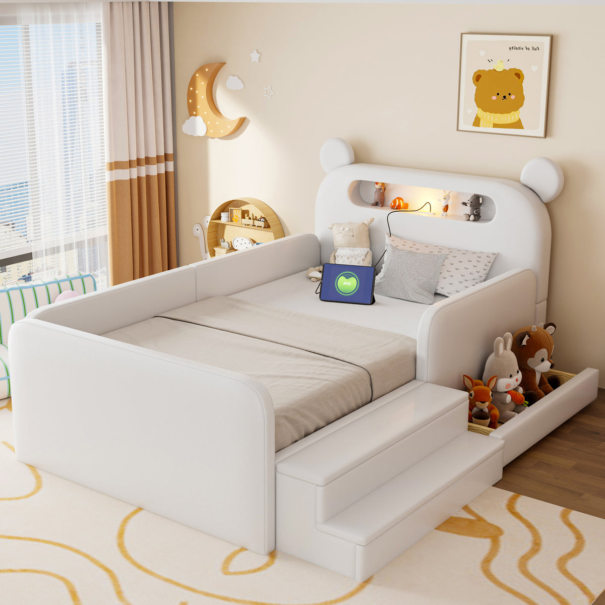 Children's Bear Bed 90x200cm with Storage & Night Light, White