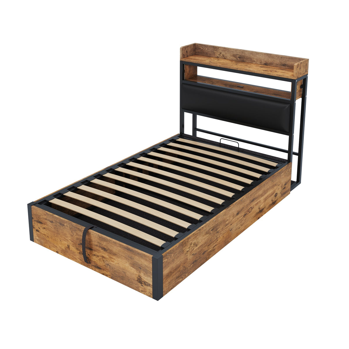 Bed Frame, 90 x 200, Hydraulic Lift, USB, Upholstered Headboard, Black