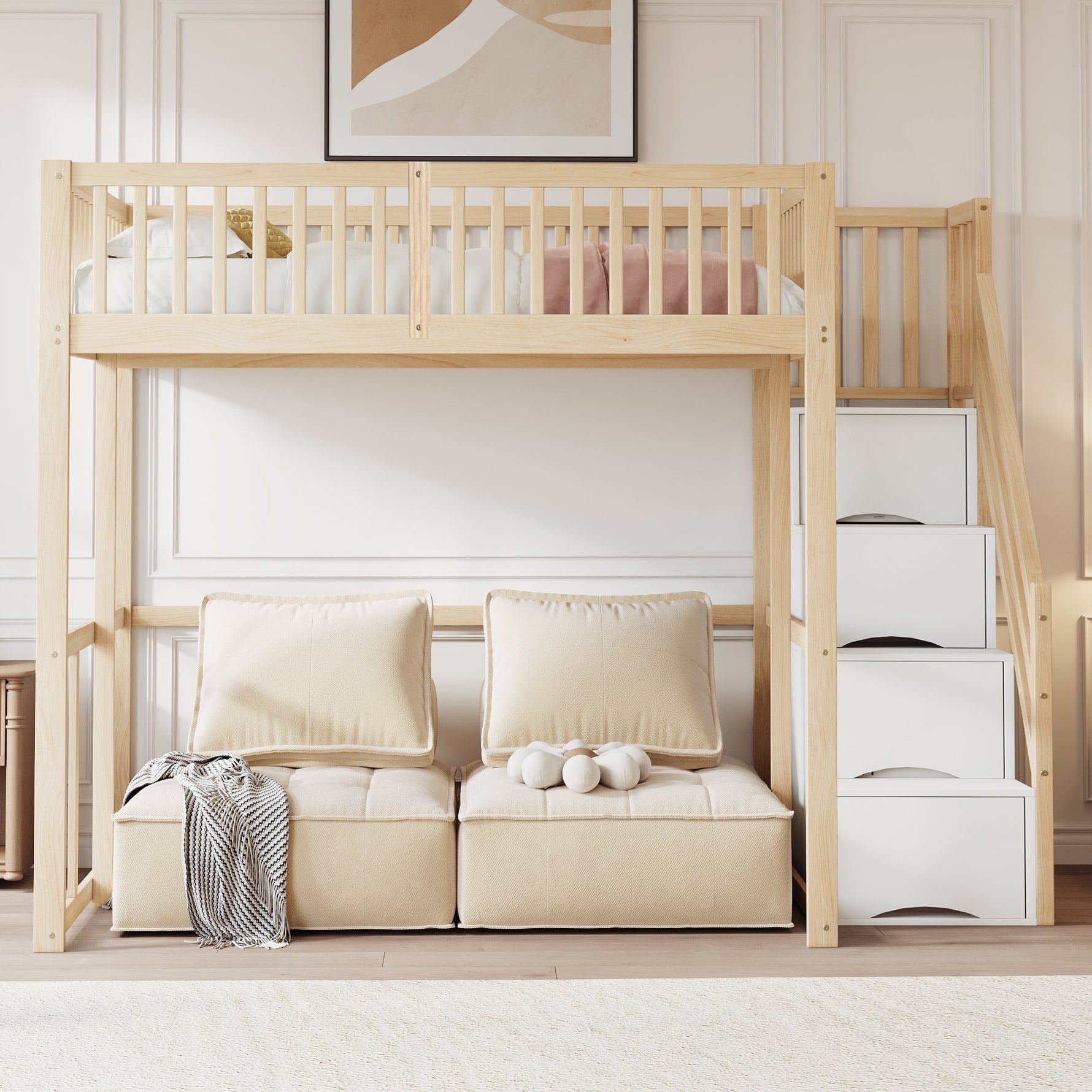 Loft Bed 140x200cm with Safety Ladder Railing & Storage Solid Pine Wood Color