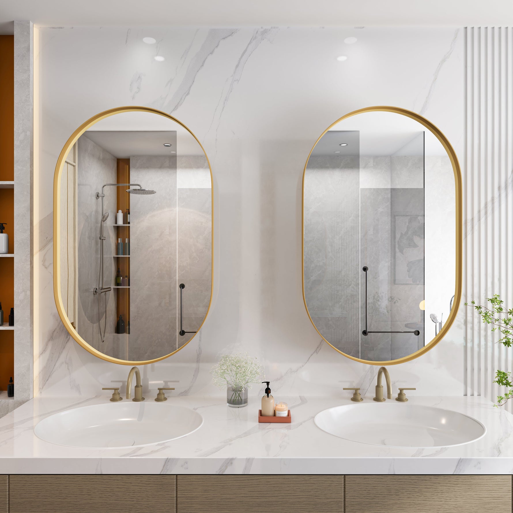 Oval Mirror Cabinet, Recessed Medicine Wall Storage Adjustable Shelves, Gold Metal Framed